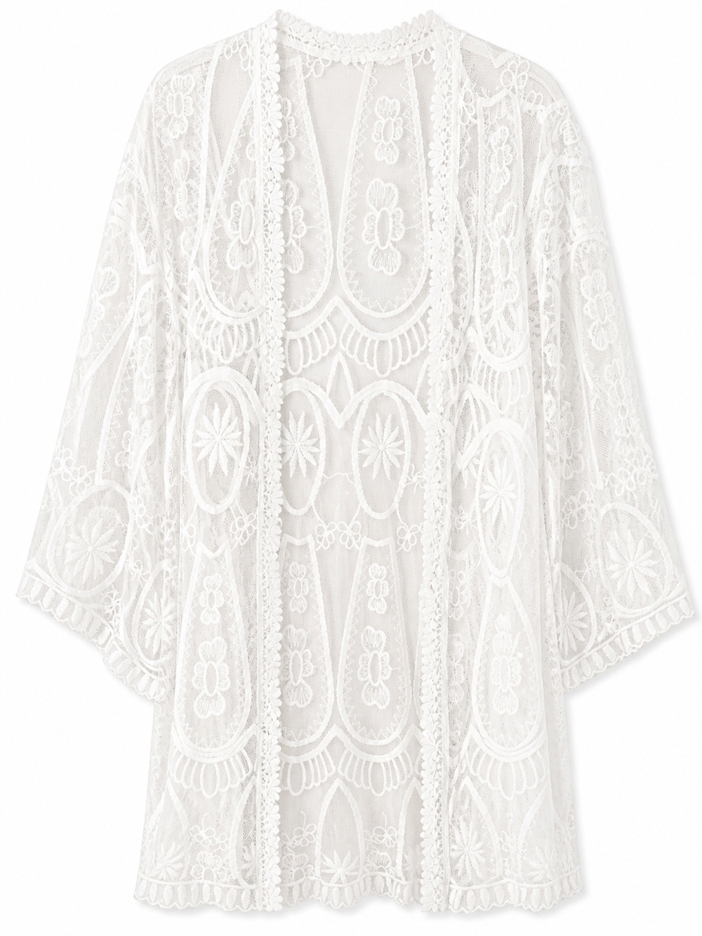 Vintage Handmade White Lace Embroidered Kimono Cardigan One Size